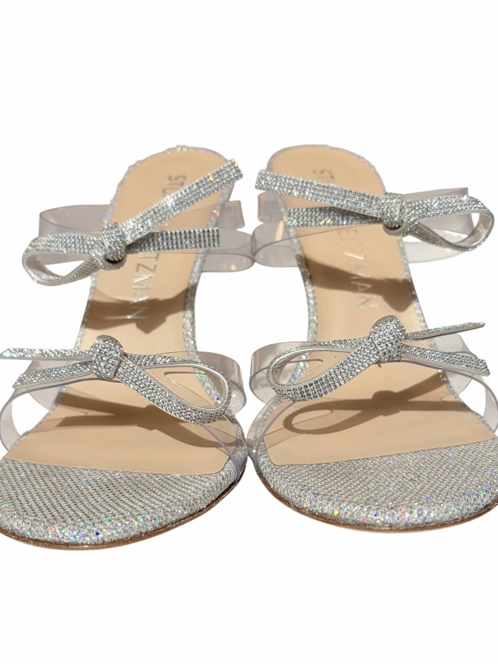 Stuart Weitzman Silver Rhinestone Bow Slide High Heels. New in Box